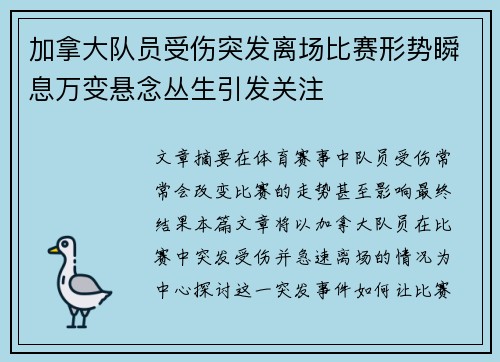 加拿大队员受伤突发离场比赛形势瞬息万变悬念丛生引发关注