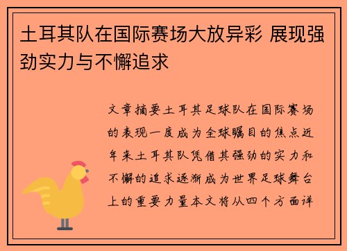 土耳其队在国际赛场大放异彩 展现强劲实力与不懈追求