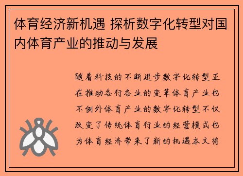 体育经济新机遇 探析数字化转型对国内体育产业的推动与发展