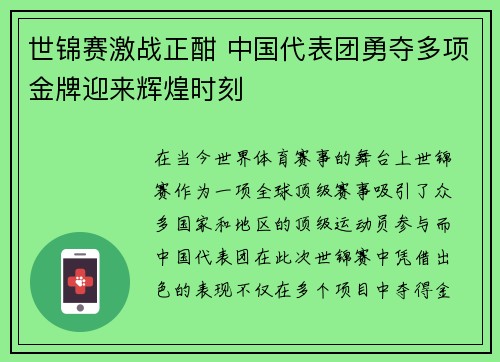 世锦赛激战正酣 中国代表团勇夺多项金牌迎来辉煌时刻